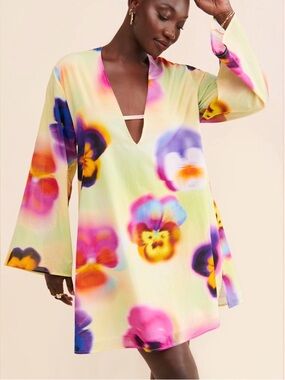 Anthropologie WRAY Floral Dye Tunic Light Cotton Plunging Neckline Dress S